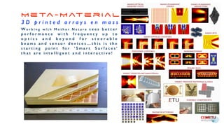 M e ta - M at e r i a l


3 D p r i n t e d a r r a y s e n m a s s
W o r k i n g w i t h M o t h e r N a t u r e s e e s b e t t e r
p e r f o r m a n c e w i t h f r e q u e n c y u p t o
o p t i c s a n d b e y o n d f o r s t e e r a b l e
b e a m s a n d s e n s o r d e v i c e s … t h i s i s t h e
s t a r t i n g p o i n t f o r ‘ S m a r t S u r f a c e s ’
t h a t a r e i n t e l l i g e n t a n d i n t e r a c t i v e !
 
