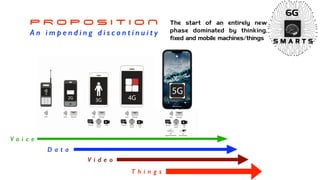 P R O P O S I T I O N


A n i m p e n d i n g d i s c o n t i n u i t y
V o i c e
D a t a
V i d e o
T h i n g s
S M A R T S
6G
The start of an entirely new
phase dominated by thinking,
fixed and mobile machines/things
 