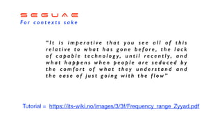 S E G U A E


F o r c o n t e x t s s a k e
“ I t i s i m p e r a t i v e t h a t y o u s e e a l l o f t h i s
r e l a t i v e t o w h a t h a s g o n e b e f o r e , t h e l a c k
o f c a p a b l e t e c h n o l o g y , u n t i l r e c e n t l y , a n d
w h a t h a p p e n s w h e n p e o p l e a r e s e d u c e d b y
t h e c o m f o r t o f w h a t t h e y u n d e r s t a n d a n d
t h e e a s e o f j u s t g o i n g w i t h t h e f l o w ”
Tutorial = https://its-wiki.no/images/3/3f/Frequency_range_Zyyad.pdf
 