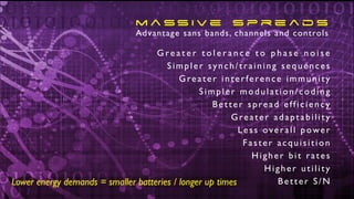 G r e a t e r t o l e r a n c e t o p h a s e n o i s e
Simpler synch/training sequences
Greater interference immunity
Simpler modulation/coding
Better spread efficiency
Greater adaptability
Less overall power
Faster acquisition
Higher bit rates
Higher utility
Better S/N
Advantage sans bands, channels and controls
m a ss i v e s p r e a d s
Lower energy demands = smaller batteries / longer up times
 