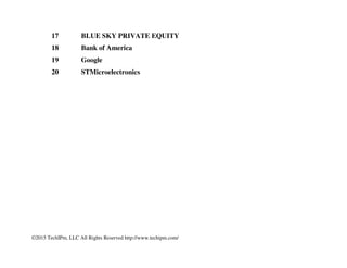 ©2015 TechIPm, LLC All Rights Reserved http://www.techipm.com/
NFC
NFC (Near field communication) is a short-range wireless technology that allows wireless connections between
two devices for data exchange in various business transactions. NFC-enabled smartphones are one of major driver
for current mobile communications market.
To find the key IPR holders for NFC patents, a keyword search of the USPTO patent data base has been performed.
Total of 604 issued patents are identified as of March 31, 2015.
The identified NFC patents are classified by industry standard for NFC technology (ISO and NFC Forum) and
major NFC applications. The NFC Forum standard specifications included in the analysis are Activity, Digital,
Protocol, LLCP (Logical Link Control Protocol), NDEF (Data Exchange Format), RF/Analog, RTD (Record Type
Definition), and Tag Operation. The major NFC applications included in the analysis are NFC device and system
(e.g. security), mobile payments, mobile business applications, entertainment, and social networking applications.
Among 83 IPR holders Sony (including Sony Ericsson) is the leader followed by Visa, NXP, Nokia, Broadcom,
Round Rock, MasterCard, Blaze Mobile, Microsoft, Samsung, and BlackBerry.
Ranking Assignee
 