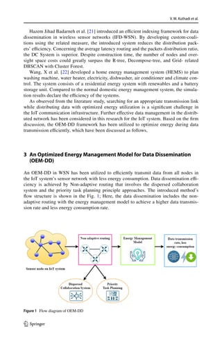 V. M. Kuthadi et al.
1 3
Hazem Jihad Badarneh et al. [21] introduced an efficient indexing framework for data
dissemination in wireless sensor networks (IFD-WSN). By developing custom-coali-
tions using the related measure, the introduced system reduces the distribution pack-
ets’ efficiency. Concerning the average latency routing and the packets distribution ratio,
the DC System is superior. Despite construction time, the number of nodes and over-
sight space costs could greatly surpass the R-tree, Decompose-tree, and Grid- related
DBSCAN with Cluster Forest.
Wang, X et al. [22] developed a home energy management system (HEMS) to plan
washing machine, water heater, electricity, dishwasher, air conditioner and climate con-
trol. The system consists of a residential energy system with renewables and a battery
storage unit. Compared to the normal domestic energy management system, the simula-
tion results declare the efficiency of the systems.
As observed from the literature study, searching for an appropriate transmission link
while distributing data with optimized energy utilization is a significant challenge in
the IoT communication infrastructure. Further effective data management in the distrib-
uted network has been considered in this research for the IoT system. Based on the firm
discussion, the OEM-DD framework has been utilized to optimize energy during data
transmission efficiently, which have been discussed as follows,
3 
An Optimized Energy Management Model for Data Dissemination
(OEM‑DD)
An OEM-DD in WSN has been utilized to efficiently transmit data from all nodes in
the IoT system’s sensor network with less energy consumption. Data dissemination effi-
ciency is achieved by Non-adaptive routing that involves the dispersed collaboration
system and the priority task planning principle approaches. The introduced method’s
flow structure is shown in the Fig. 1; Here, the data dissemination includes the non-
adaptive routing with the energy management model to achieve a higher data transmis-
sion rate and less energy consumption rate.
Figure 1  
Flow diagram of OEM-DD
 