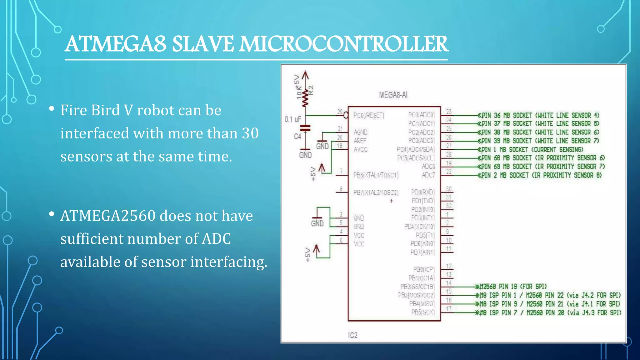ATMEGA8 SLAVE MICROCONTROLLER
• Fire Bird V robot can be
interfaced with more than 30
sensors at the same time.
• ATMEGA2560 does not have
sufficient number of ADC
available of sensor interfacing.
 