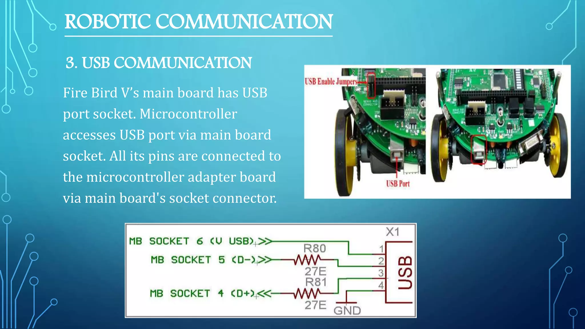 3. USB COMMUNICATION
Fire Bird V’s main board has USB
port socket. Microcontroller
accesses USB port via main board
socket. All its pins are connected to
the microcontroller adapter board
via main board's socket connector.
ROBOTIC COMMUNICATION
 