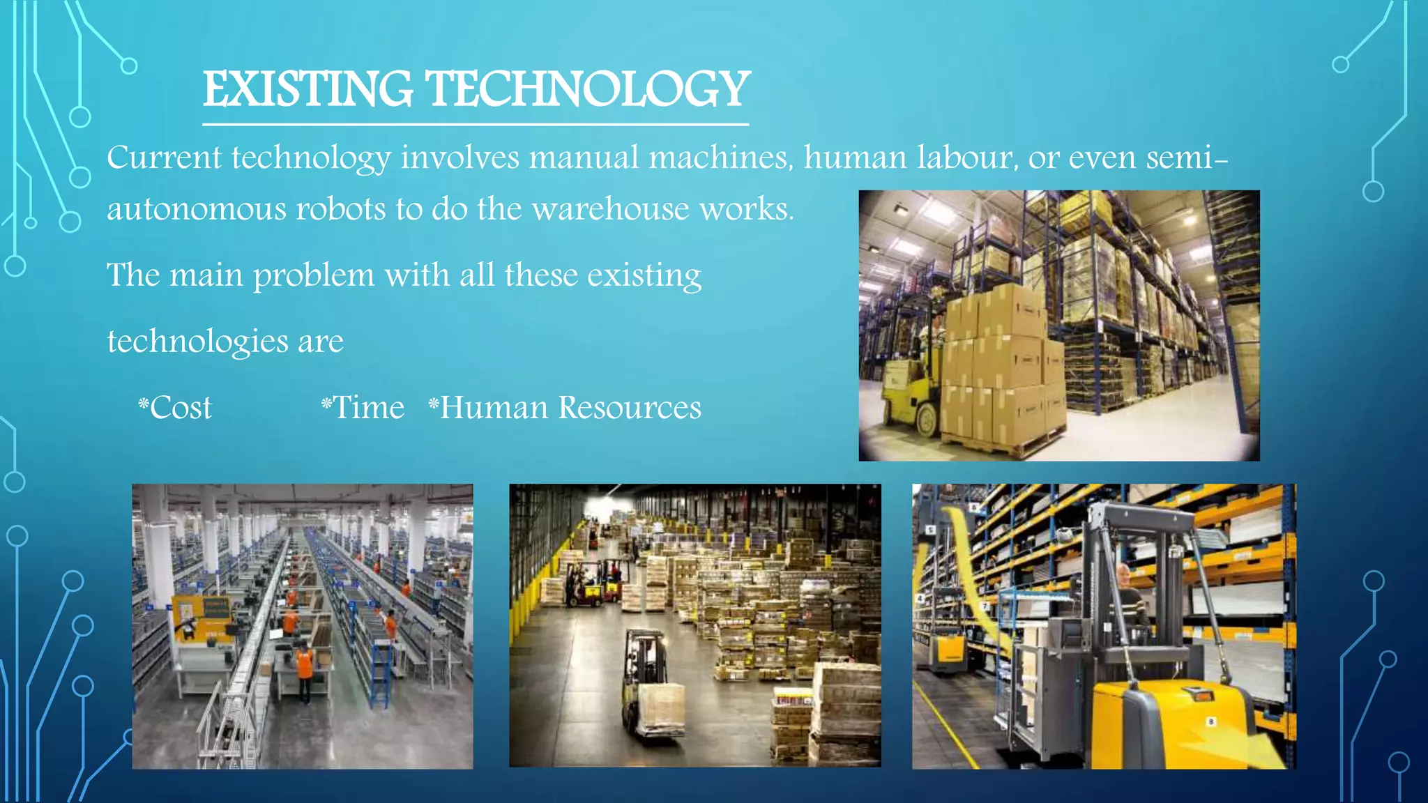 EXISTING TECHNOLOGY
Current technology involves manual machines, human labour, or even semi-
autonomous robots to do the warehouse works.
The main problem with all these existing
technologies are
*Cost *Time *Human Resources
 