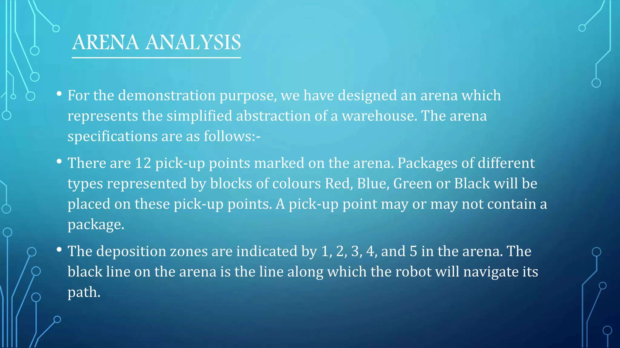 ARENA ANALYSIS
• For the demonstration purpose, we have designed an arena which
represents the simplified abstraction of a warehouse. The arena
specifications are as follows:-
• There are 12 pick-up points marked on the arena. Packages of different
types represented by blocks of colours Red, Blue, Green or Black will be
placed on these pick-up points. A pick-up point may or may not contain a
package.
• The deposition zones are indicated by 1, 2, 3, 4, and 5 in the arena. The
black line on the arena is the line along which the robot will navigate its
path.
 