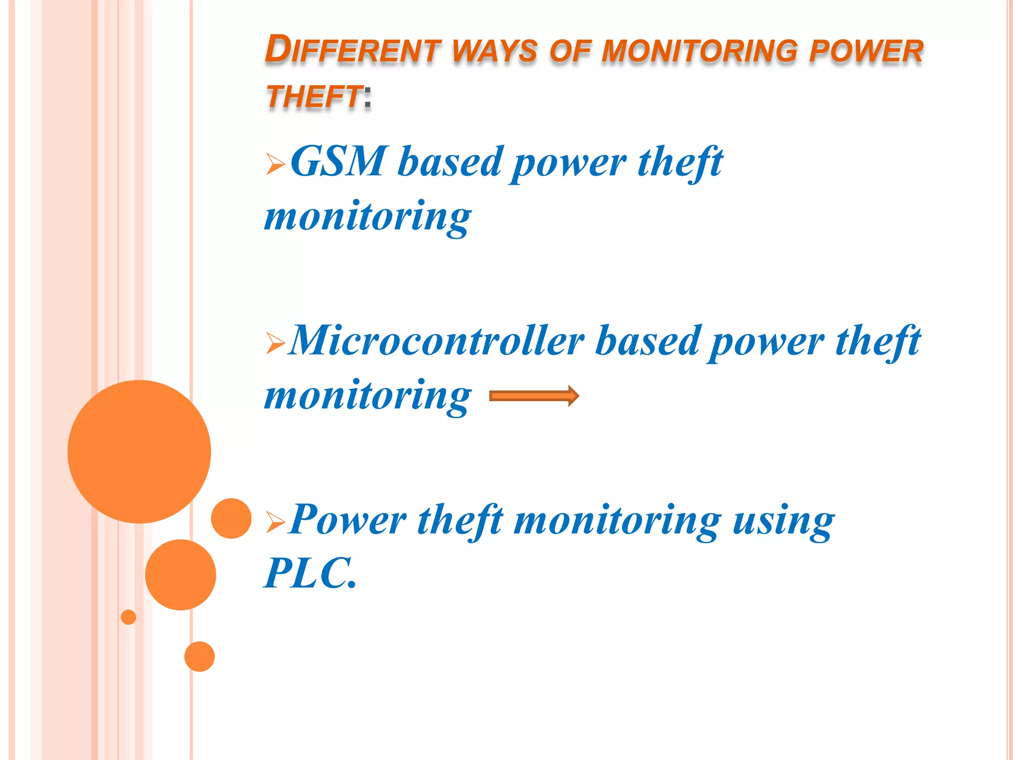 DIFFERENT WAYS OF MONITORING POWER
THEFT:

GSM  based power theft
monitoring

Microcontroller   based power theft
monitoring

Power   theft monitoring using
PLC.
 