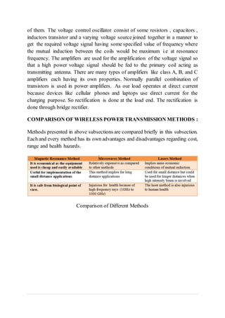 of them. The voltage control oscillator consist of some resistors , capacitors ,
inductors transistor and a varying voltage source joined together in a manner to
get the required voltage signal having some specified value of frequency where
the mutual induction between the coils would be maximum i.e at resonance
frequency. The amplifiers are used for the amplification of the voltage signal so
that a high power voltage signal should be fed to the primary coil acting as
transmitting antenna. There are many types of amplifiers like class A, B, and C
amplifiers each having its own properties. Normally parallel combination of
transistors is used in power amplifiers. As our load operates at direct current
because devices like cellular phones and laptops use direct current for the
charging purpose. So rectification is done at the load end. The rectification is
done through bridge rectifier.
COMPARISON OF WIRELESS POWER TRANSMISSION METHODS :
Methods presented in above subsections are compared briefly in this subsection.
Each and every method has its own advantages and disadvantages regarding cost,
range and health hazards.
Comparison of Different Methods
 