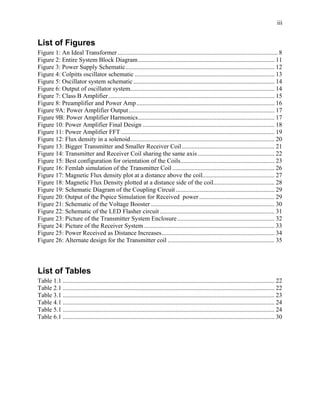 iii


List of Figures
Figure 1: An Ideal Transformer ...................................................................................................... 8
Figure 2: Entire System Block Diagram....................................................................................... 11
Figure 3: Power Supply Schematic............................................................................................... 12
Figure 4: Colpitts oscillator schematic ......................................................................................... 13
Figure 5: Oscillator system schematic .......................................................................................... 14
Figure 6: Output of oscillator system............................................................................................ 14
Figure 7: Class B Amplifier.......................................................................................................... 15
Figure 8: Preamplifier and Power Amp ........................................................................................ 16
Figure 9A: Power Amplifier Output............................................................................................. 17
Figure 9B: Power Amplifier Harmonics....................................................................................... 17
Figure 10: Power Amplifier Final Design .................................................................................... 18
Figure 11: Power Amplifier FFT .................................................................................................. 19
Figure 12: Flux density in a solenoid............................................................................................ 20
Figure 13: Bigger Transmitter and Smaller Receiver Coil ........................................................... 21
Figure 14: Transmitter and Receiver Coil sharing the same axis ................................................. 22
Figure 15: Best configuration for orientation of the Coils............................................................ 23
Figure 16: Femlab simulation of the Transmitter Coil ................................................................. 26
Figure 17: Magnetic Flux density plot at a distance above the coil.............................................. 27
Figure 18: Magnetic Flux Density plotted at a distance side of the coil....................................... 28
Figure 19: Schematic Diagram of the Coupling Circuit ............................................................... 29
Figure 20: Output of the Pspice Simulation for Received power ................................................ 29
Figure 21: Schematic of the Voltage Booster ............................................................................... 30
Figure 22: Schematic of the LED Flasher circuit ......................................................................... 31
Figure 23: Picture of the Transmitter System Enclosure .............................................................. 32
Figure 24: Picture of the Receiver System ................................................................................... 33
Figure 25: Power Received as Distance Increases........................................................................ 34
Figure 26: Alternate design for the Transmitter coil .................................................................... 35




List of Tables
Table 1.1 ....................................................................................................................................... 22
Table 2.1 ....................................................................................................................................... 22
Table 3.1 ....................................................................................................................................... 23
Table 4.1 ....................................................................................................................................... 24
Table 5.1 ....................................................................................................................................... 24
Table 6.1 ....................................................................................................................................... 30
 