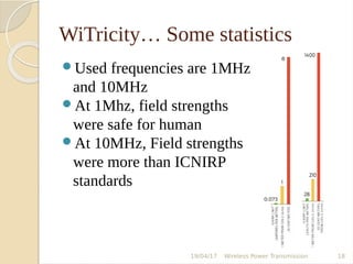WiTricity… Some statistics
Used frequencies are 1MHz
and 10MHz
At 1Mhz, field strengths
were safe for human
At 10MHz, Field strengths
were more than ICNIRP
standards
19/04/17 Wireless Power Transmission 18
 