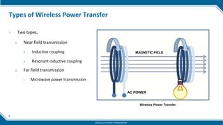 8
Types of Wireless Power Transfer
• Two types,
1. Near field transmission
 Inductive coupling
 Resonant inductive coupling
2. Far field transmission
▪ Microwave power transmission
MAGNETIC FIELD
AC POWER
Wireless Power Transfer
WIRELESS POWER TRANSMISSION
 