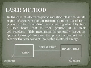 • In the case of electromagnetic radiation closer to visible
region of spectrum (10s of microns (um) to 10s of nm),
power can be transmitted by converting electricity into
a laser beam that is then pointed at a solar
cell receiver. This mechanism is generally known as
"power beaming" because the power is beamed at a
receiver that can convert it to usable electrical energy.
CURRENT CURRENT
LASER
TRANSFORMER
OPTICAL FIBRE
 