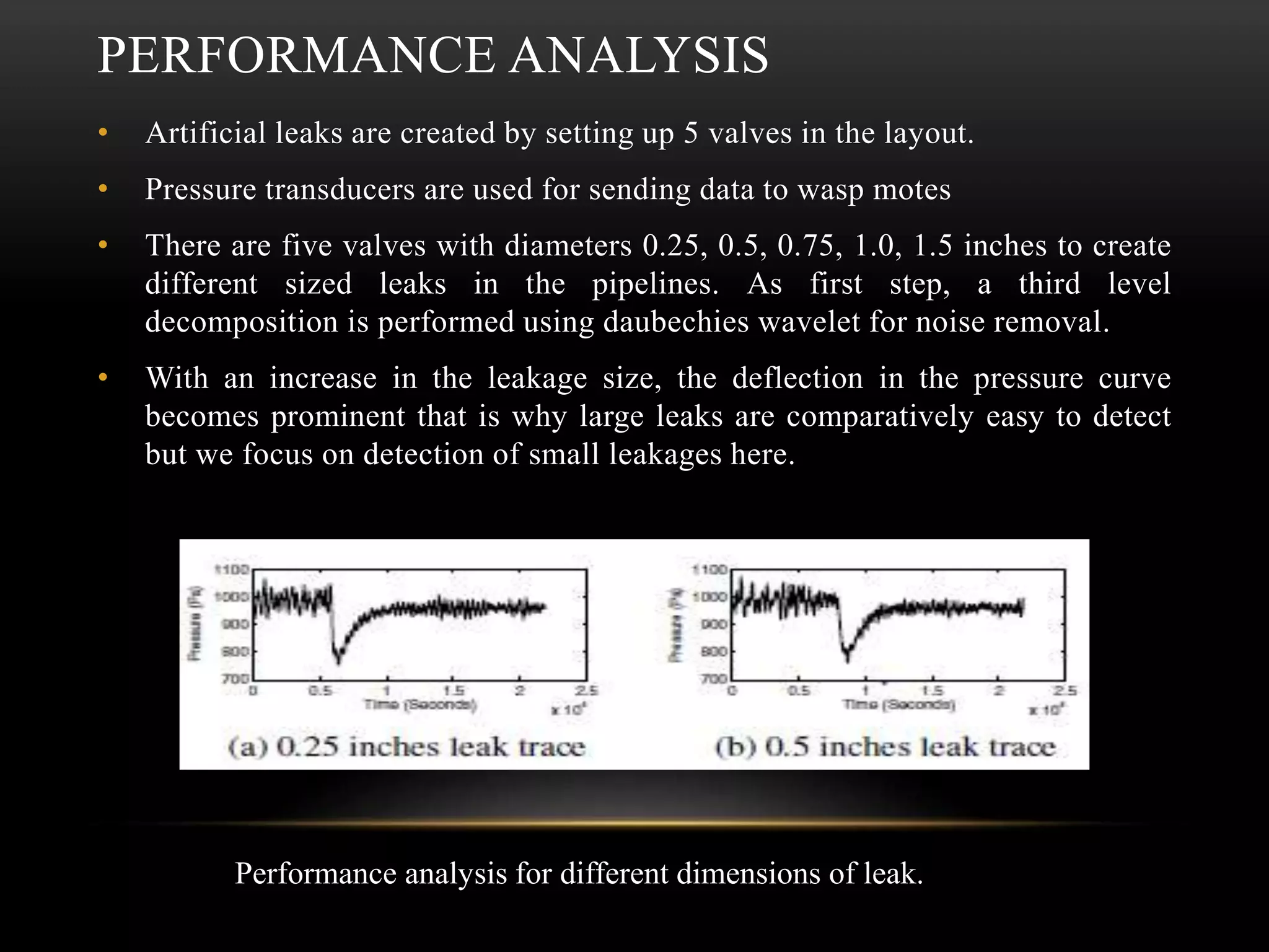 PERFORMANCE ANALYSIS
• Artificial leaks are created by setting up 5 valves in the layout.
• Pressure transducers are used for sending data to wasp motes
• There are five valves with diameters 0.25, 0.5, 0.75, 1.0, 1.5 inches to create
different sized leaks in the pipelines. As first step, a third level
decomposition is performed using daubechies wavelet for noise removal.
• With an increase in the leakage size, the deflection in the pressure curve
becomes prominent that is why large leaks are comparatively easy to detect
but we focus on detection of small leakages here.
Performance analysis for different dimensions of leak.
 