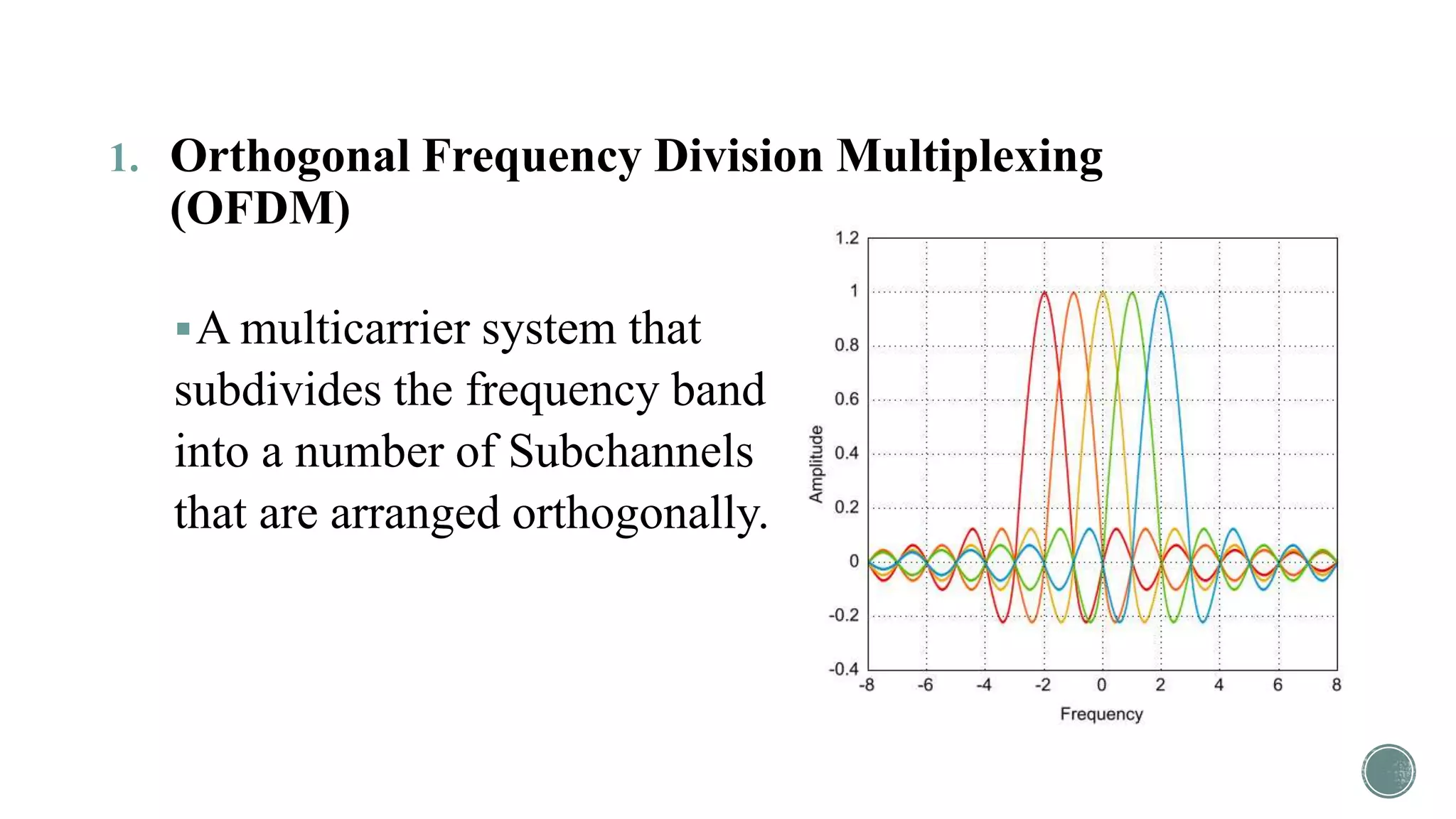 1. Orthogonal Frequency Division Multiplexing
(OFDM)
A multicarrier system that
subdivides the frequency band
into a number of Subchannels
that are arranged orthogonally.
 