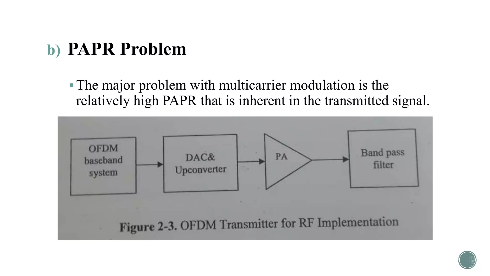 b) PAPR Problem
The major problem with multicarrier modulation is the
relatively high PAPR that is inherent in the transmitted signal.
 
