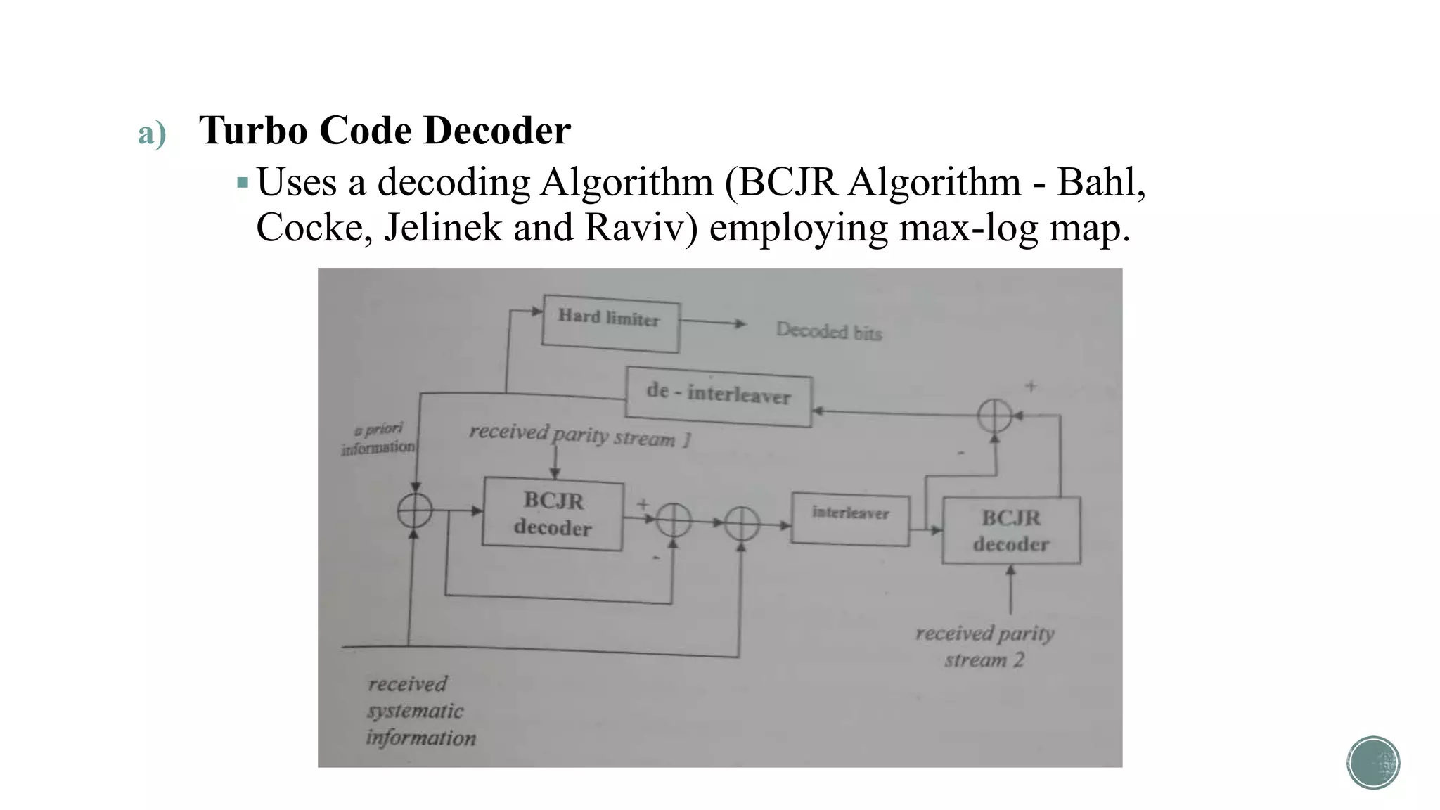 a) Turbo Code Decoder
Uses a decoding Algorithm (BCJR Algorithm - Bahl,
Cocke, Jelinek and Raviv) employing max-log map.
 