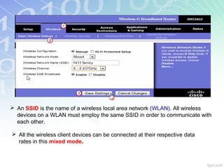  An SSID is the name of a wireless local area network (WLAN). All wireless
  devices on a WLAN must employ the same SSID in order to communicate with
  each other.

 All the wireless client devices can be connected at their respective data
  rates in this mixed mode.
 