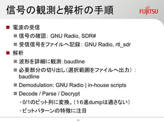 信号の観測と解析の手順
 電波の受信
 信号の確認： GNU Radio, SDR#
 受信信号をファイルへ記録： GNU Radio, rtl_sdr
 解析
 波形を詳細に観測：baudline
 必要部分の切り出し（選択範囲をファイルへ出力） ：
baudline
 Demodulation: GNU Radio | in-house scripts
 Decode / Parse / Decrypt
• 0/1のビット列に変換。（１６進dumpは適さない）
• ビットパターンの特徴に注目
15
 