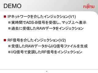 DEMO
 IPネットワークを介したインジェクション(V1)
実時間でADS-B信号を受信し、マップ上へ表示
過去に受信したRAWデータをインジェクション
 RF信号を介したインジェクション(V2)
受信したRAWデータからI/Q信号ファイルを生成
I/Q信号で変調したRF信号をインジェクション
49
 
