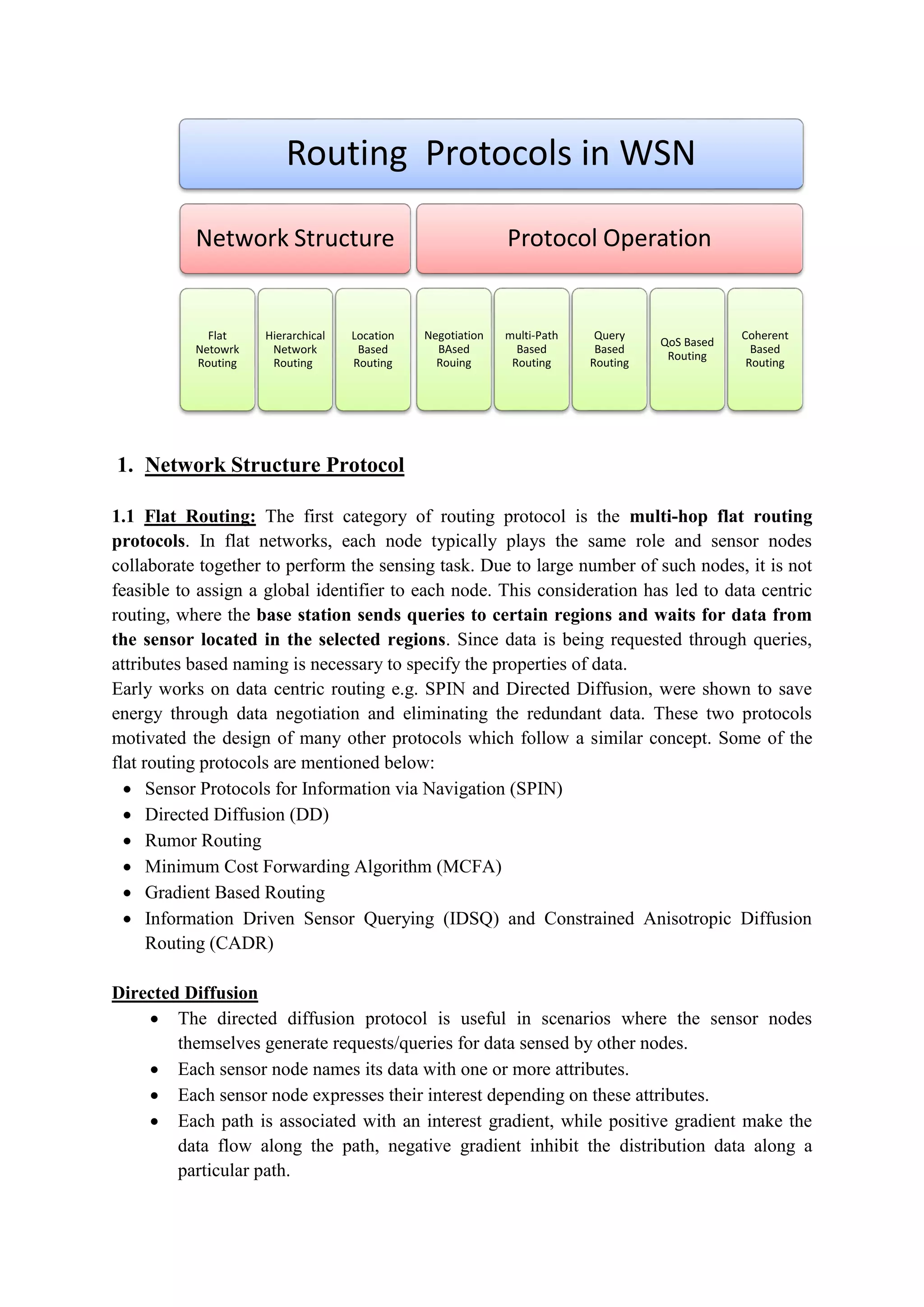 1. Network Structure Protocol
1.1 Flat Routing: The first category of routing protocol is the multi-hop flat routing
protocols. In flat networks, each node typically plays the same role and sensor nodes
collaborate together to perform the sensing task. Due to large number of such nodes, it is not
feasible to assign a global identifier to each node. This consideration has led to data centric
routing, where the base station sends queries to certain regions and waits for data from
the sensor located in the selected regions. Since data is being requested through queries,
attributes based naming is necessary to specify the properties of data.
Early works on data centric routing e.g. SPIN and Directed Diffusion, were shown to save
energy through data negotiation and eliminating the redundant data. These two protocols
motivated the design of many other protocols which follow a similar concept. Some of the
flat routing protocols are mentioned below:
 Sensor Protocols for Information via Navigation (SPIN)
 Directed Diffusion (DD)
 Rumor Routing
 Minimum Cost Forwarding Algorithm (MCFA)
 Gradient Based Routing
 Information Driven Sensor Querying (IDSQ) and Constrained Anisotropic Diffusion
Routing (CADR)
Directed Diffusion
 The directed diffusion protocol is useful in scenarios where the sensor nodes
themselves generate requests/queries for data sensed by other nodes.
 Each sensor node names its data with one or more attributes.
 Each sensor node expresses their interest depending on these attributes.
 Each path is associated with an interest gradient, while positive gradient make the
data flow along the path, negative gradient inhibit the distribution data along a
particular path.
Routing Protocols in WSN
Network Structure
Flat
Netowrk
Routing
Hierarchical
Network
Routing
Location
Based
Routing
Protocol Operation
Negotiation
BAsed
Rouing
multi-Path
Based
Routing
Query
Based
Routing
QoS Based
Routing
Coherent
Based
Routing
 