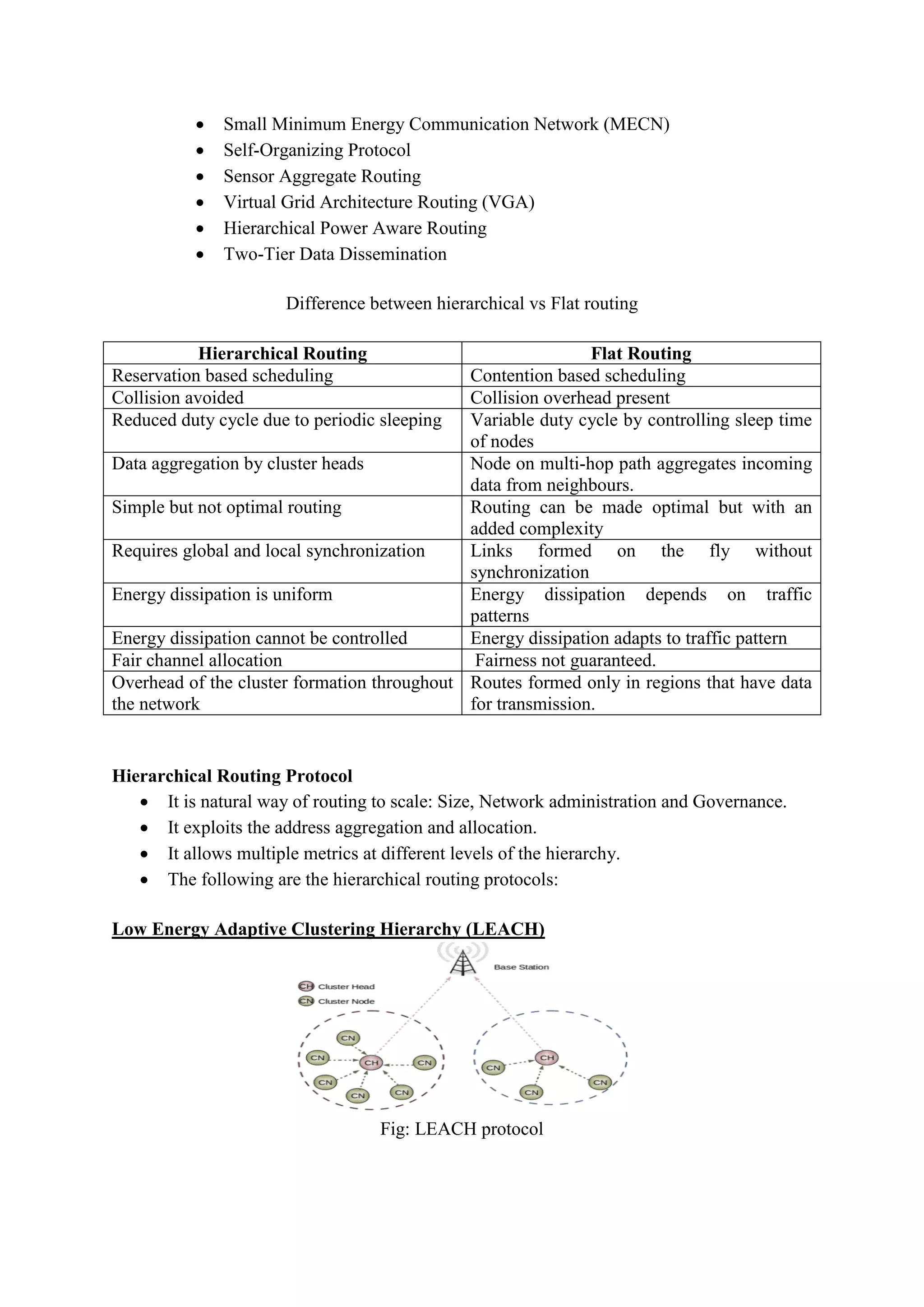  Small Minimum Energy Communication Network (MECN)
 Self-Organizing Protocol
 Sensor Aggregate Routing
 Virtual Grid Architecture Routing (VGA)
 Hierarchical Power Aware Routing
 Two-Tier Data Dissemination
Difference between hierarchical vs Flat routing
Hierarchical Routing Flat Routing
Reservation based scheduling Contention based scheduling
Collision avoided Collision overhead present
Reduced duty cycle due to periodic sleeping Variable duty cycle by controlling sleep time
of nodes
Data aggregation by cluster heads Node on multi-hop path aggregates incoming
data from neighbours.
Simple but not optimal routing Routing can be made optimal but with an
added complexity
Requires global and local synchronization Links formed on the fly without
synchronization
Energy dissipation is uniform Energy dissipation depends on traffic
patterns
Energy dissipation cannot be controlled Energy dissipation adapts to traffic pattern
Fair channel allocation Fairness not guaranteed.
Overhead of the cluster formation throughout
the network
Routes formed only in regions that have data
for transmission.
Hierarchical Routing Protocol
 It is natural way of routing to scale: Size, Network administration and Governance.
 It exploits the address aggregation and allocation.
 It allows multiple metrics at different levels of the hierarchy.
 The following are the hierarchical routing protocols:
Low Energy Adaptive Clustering Hierarchy (LEACH)
Fig: LEACH protocol
 