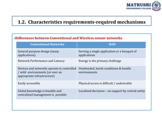 .
1.2. Characteristics requirements-required mechanisms
MATRUSRI
ENGINEERING COLLEGE
Conventional Networks WSN
General purpose design (many
applications)
Serving a single application or a bouquet of
applications
Network Performance and Latency Energy is the primary challenge
Devices and networks operate in controlled
/ mild environments (or over an
appropriate infrastructure)
Unattended, harsh conditions & hostile
environments
Easily accessible Physical access is difficult / undesirable
Global knowledge is feasible and
centralized management is possible
Localized decisions – no support by central entity
Differences between Conventional and Wireless sensor networks
 