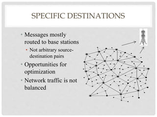 SPECIFIC DESTINATIONS 
• Messages mostly 
routed to base stations 
• Not arbitrary source-destination 
pairs 
• Opportunities for 
optimization 
• Network traffic is not 
balanced 
Sensing Zone with sensor-coordinator, 
sensing-collaborators, and backbone nodes 
 