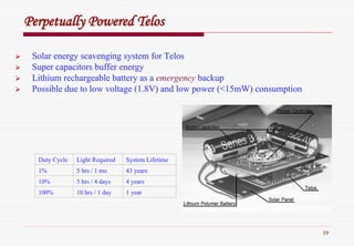 29
Perpetually PoweredPerpetually Powered TelosTelos
Solar energy scavenging system for TelosSolar energy scavenging system for Telos
Super capacitors buffer energySuper capacitors buffer energy
Lithium rechargeable battery as aLithium rechargeable battery as a emergencyemergency backupbackup
Possible due to low voltage (1.8V) and low power (<15mW) consumpPossible due to low voltage (1.8V) and low power (<15mW) consumptiontion
Duty CycleDuty Cycle Light RequiredLight Required System LifetimeSystem Lifetime
1%1% 5 hrs / 1 mo5 hrs / 1 mo 43 years43 years
10%10% 5 hrs / 4 days5 hrs / 4 days 4 years4 years
100%100% 10 hrs / 1 day10 hrs / 1 day 1 year1 year
 