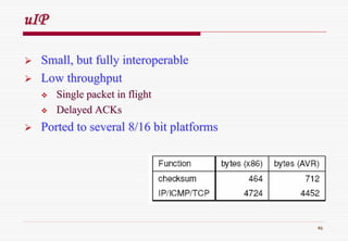 46
uIPuIP
Small, but fully interoperableSmall, but fully interoperable
Low throughputLow throughput
Single packet in flightSingle packet in flight
DelayedDelayed ACKsACKs
Ported to several 8/16 bit platformsPorted to several 8/16 bit platforms
 