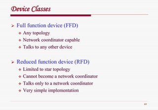 69
Full function device (FFD)Full function device (FFD)
Any topologyAny topology
Network coordinator capableNetwork coordinator capable
Talks to any other deviceTalks to any other device
Reduced function device (RFD)Reduced function device (RFD)
Limited to star topologyLimited to star topology
Cannot become a network coordinatorCannot become a network coordinator
Talks only to a network coordinatorTalks only to a network coordinator
Very simple implementationVery simple implementation
Device ClassesDevice Classes
 
