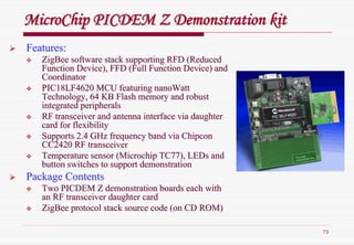 73
MicroChipMicroChip PICDEM Z Demonstration kitPICDEM Z Demonstration kit
Features:Features:
ZigBeeZigBee software stack supporting RFD (Reducedsoftware stack supporting RFD (Reduced
Function Device), FFD (Full Function Device) andFunction Device), FFD (Full Function Device) and
CoordinatorCoordinator
PIC18LF4620 MCU featuringPIC18LF4620 MCU featuring nanoWattnanoWatt
Technology, 64 KB Flash memory and robustTechnology, 64 KB Flash memory and robust
integrated peripheralsintegrated peripherals
RF transceiver and antenna interface via daughterRF transceiver and antenna interface via daughter
card for flexibilitycard for flexibility
Supports 2.4 GHz frequency band viaSupports 2.4 GHz frequency band via ChipconChipcon
CC2420 RF transceiverCC2420 RF transceiver
Temperature sensor (Microchip TC77),Temperature sensor (Microchip TC77), LEDsLEDs andand
button switches to support demonstrationbutton switches to support demonstration
Package ContentsPackage Contents
Two PICDEM Z demonstration boards each withTwo PICDEM Z demonstration boards each with
an RF transceiver daughter cardan RF transceiver daughter card
ZigBeeZigBee protocol stack source code (on CD ROM)protocol stack source code (on CD ROM)
 