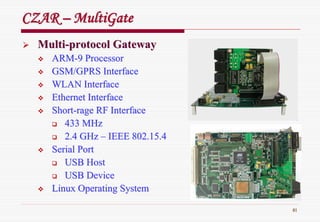 81
CZARCZAR –– MultiGateMultiGate
MultiMulti--protocol Gatewayprotocol Gateway
ARMARM--9 Processor9 Processor
GSM/GPRS InterfaceGSM/GPRS Interface
WLAN InterfaceWLAN Interface
Ethernet InterfaceEthernet Interface
ShortShort--rage RF Interfacerage RF Interface
433 MHz433 MHz
2.4 GHz2.4 GHz –– IEEE 802.15.4IEEE 802.15.4
Serial PortSerial Port
USB HostUSB Host
USB DeviceUSB Device
Linux Operating SystemLinux Operating System
 