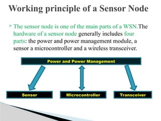  The sensor node is one of the main parts of a WSN.The
hardware of a sensor node generally includes four
parts: the power and power management module, a
sensor a microcontroller and a wireless transceiver.
Working principle of a Sensor Node
Power and Power Management
Sensor Microcontroller Transceiver
 