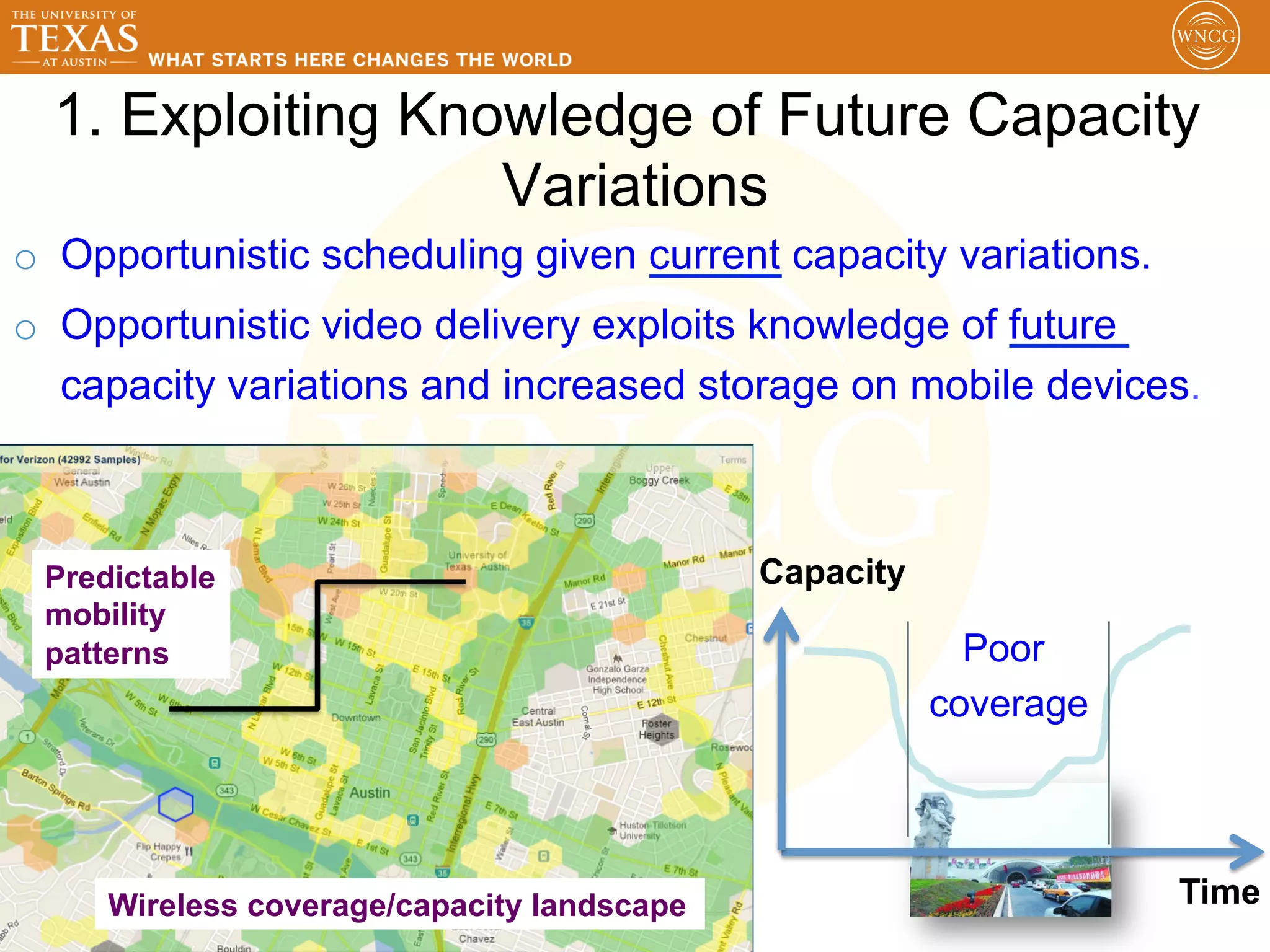1. Exploiting Knowledge of Future Capacity
                   Variations
o  Opportunistic scheduling given current capacity variations.
o  Opportunistic video delivery exploits knowledge of future
   capacity variations and increased storage on mobile devices.



 Predictable                                Capacity
                                                   	
 mobility
 patterns                                                 Poor
                                                        coverage




     Wireless coverage/capacity landscape                          Time	
 
