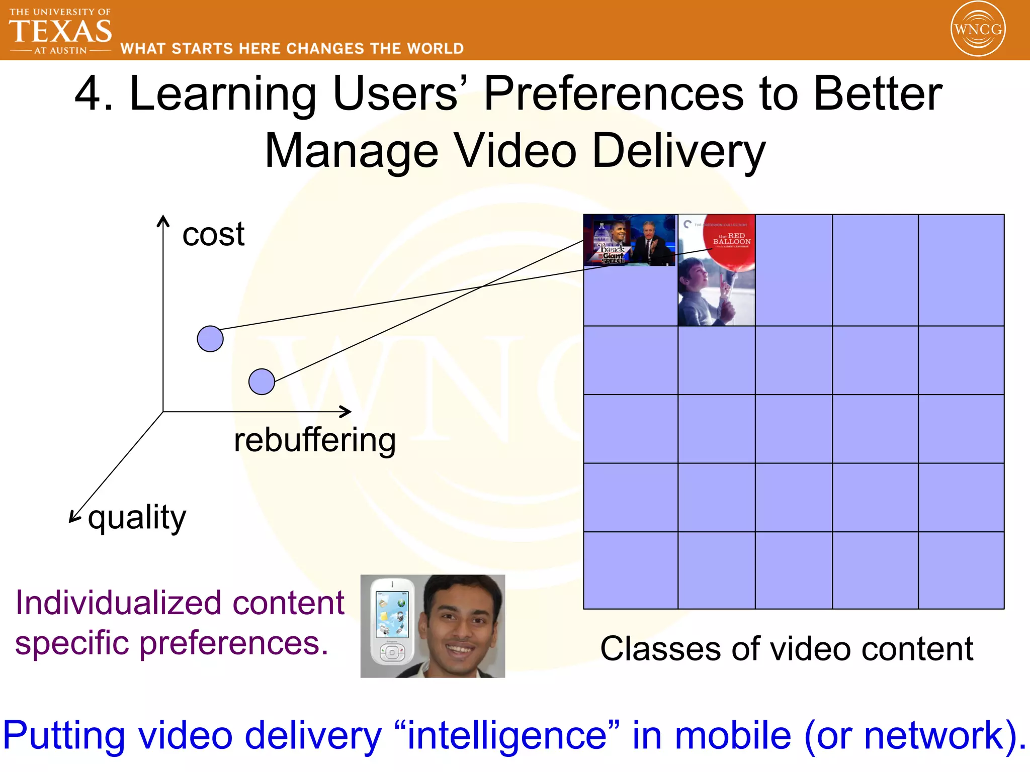4. Learning Users’ Preferences to Better
             Manage Video Delivery
           cost




               rebuffering

     quality

Individualized content
specific preferences.              Classes of video content

Putting video delivery “intelligence” in mobile (or network).
 