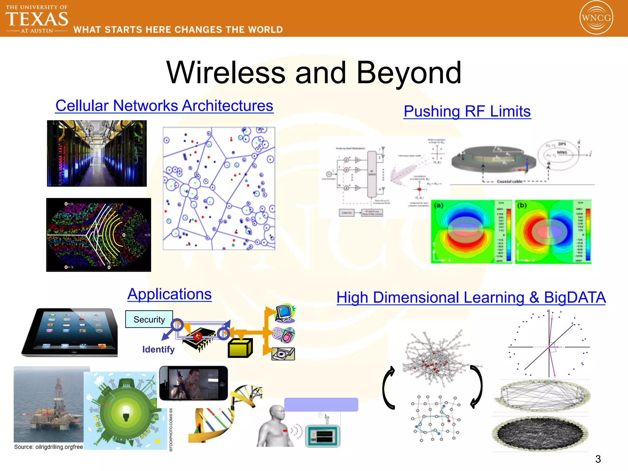 Wireless and Beyond
Cellular Networks Architectures                                      Pushing RF Limits




          Applications                                       High Dimensional Learning & BigDATA
           Security


             Identify
                      ISTOCKPHOTO.COM/© SIGAL SUHLER MORAN




                                                                                              3
 