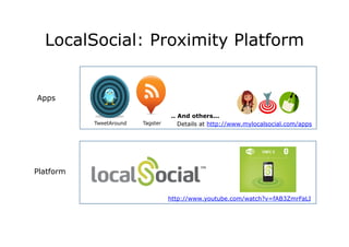 LocalSocial: Proximity Platform


Apps

                                           .. And others...	
           TweetAround	
     Tagster	
        Details at http://www.mylocalsocial.com/apps	




Platform


                                           http://www.youtube.com/watch?v=fAB3ZmrFaLI	
 