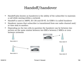 Handoff/handover

      •    Handoff (also known as handover) is the ability of the subscriber to maintain
           a call while moving within a network
      •    Handoff is used in AMPS, IS-136 and IS-95. In GSM it is called handover
      •    Handover means that subscriber is transitioned from one radio channel and/
           or time slot) to another.
      •    Depending on the two cells in question the handover can be between two
           sectors on the same station between two BSCs between 2 MSCs or even
           between networks



             Base station A
                                                                     Base station B




             Base station A
                                                                     Base station B




03/22/12                                Tinniam V Ganesh                                   106
 