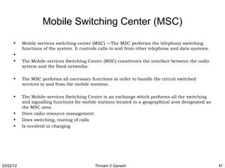 Mobile Switching Center (MSC)
      •    Mobile services switching center (MSC) —The MSC performs the telephony switching
           functions of the system. It controls calls to and from other telephone and data systems.
      •
      •    The Mobile-services Switching Centre (MSC) constitutes the interface between the radio
           system and the fixed networks.

      •    The MSC performs all necessary functions in order to handle the circuit switched
           services to and from the mobile stations.

      •    The Mobile-services Switching Centre is an exchange which performs all the switching
           and signalling functions for mobile stations located in a geographical area designated as
           the MSC area.
      •    Does radio resource management
      •    Does switching, routing of calls
      •    Is involved in charging




03/22/12                                     Tinniam V Ganesh                                          11
 
