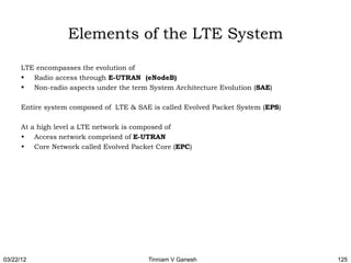 Elements of the LTE System

      LTE encompasses the evolution of
      • Radio access through E-UTRAN (eNodeB)
      • Non-radio aspects under the term System Architecture Evolution (SAE)

      Entire system composed of LTE & SAE is called Evolved Packet System (EPS)

      At a high level a LTE network is composed of
      • Access network comprised of E-UTRAN
      • Core Network called Evolved Packet Core (EPC)




03/22/12                                 Tinniam V Ganesh                         125
 