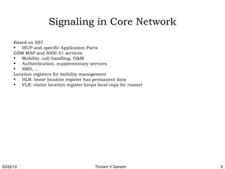 Signaling in Core Network
      Based on SS7
      • ISUP and specific Application Parts
      GSM MAP and ANSI-41 services
      • Mobility, call-handling, O&M
      • Authentication, supplementary services
      • SMS, …
      Location registers for mobility management
      • HLR: home location register has permanent data
      • VLR: visitor location register keeps local copy for roamer




03/22/12                                   Tinniam V Ganesh          5
 