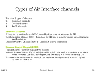 Types of Air Interface channels

      There   are 3 types of channels
      2.       Broadcast channels
      3.       Control channels
      4.       Traffic channels

      Broadcast Channels
      Frequency correction channel (FCCH) used for frequency correction of the MS
      Synchronization channel (SCH) – Broadcast by BTS and is used for mobile station for frame
            synchronization
      Broadcast Control Channel (BCCH) – Broadcast general information

      Common Control Channel (CCCH)
      Paging channel – used for paging of the mobiles
      Random Access Channel (RACH) – Only used in uplink. It is used to allocate to MS a Stand
             alone dedicated Control Channel (SDCCH) or directly to a Traffic Channel (TCH)
      Access Grant Channel (AGCH) – used in the downlink in responswe to a access request
             received on the RACH




03/22/12                                  Tinniam V Ganesh                                        70
 