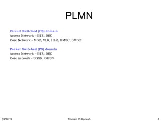 PLMN
      Circuit Switched (CS) domain
      Access Network – BTS, BSC
      Core Network - MSC, VLR, HLR, GMSC, SMSC

      Packet Switched (PS) domain
      Access Network – BTS, BSC
      Core network - SGSN, GGSN




03/22/12                              Tinniam V Ganesh   8
 