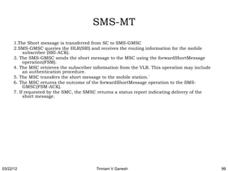 SMS-MT
      1.The Short message is transferred from SC to SMS-GMSC
      2.SMS-GMSC queries the HLR(SRI) and receives the routing information for the mobile
           subscriber (SRI-ACK).
      3. The SMS-GMSC sends the short message to the MSC using the forwardShortMessage
           operation(FSM).
      4. The MSC retrieves the subscriber information from the VLR. This operation may include
           an authentication procedure.
      5. The MSC transfers the short message to the mobile station.`
      6. The MSC returns the outcome of the forwardShortMessage operation to the SMS-
           GMSC(FSM-ACK).
      7. If requested by the SMC, the SMSC returns a status report indicating delivery of the
           short message.




03/22/12                                  Tinniam V Ganesh                                       99
 