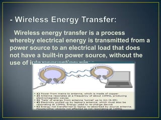 Wireless energy transfer is a process
whereby electrical energy is transmitted from a
power source to an electrical load that does
not have a built-in power source, without the
use of interconnecting wires.
 