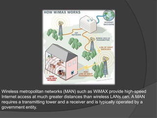 Wireless metropolitan networks (MAN) such as WiMAX provide high-speed
Internet access at much greater distances than wireless LANs can. A MAN
requires a transmitting tower and a receiver and is typically operated by a
government entity.
 