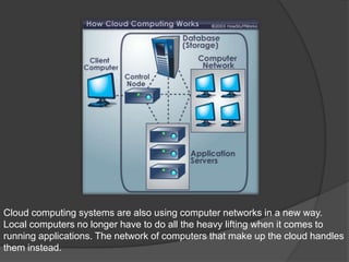 Cloud computing systems are also using computer networks in a new way.
Local computers no longer have to do all the heavy lifting when it comes to
running applications. The network of computers that make up the cloud handles
them instead.
 