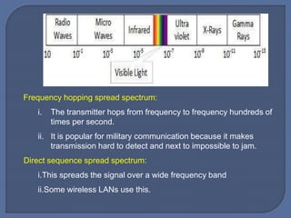 Frequency hopping spread spectrum:
i. The transmitter hops from frequency to frequency hundreds of
times per second.
ii. It is popular for military communication because it makes
transmission hard to detect and next to impossible to jam.
Direct sequence spread spectrum:
i.This spreads the signal over a wide frequency band
ii.Some wireless LANs use this.
 