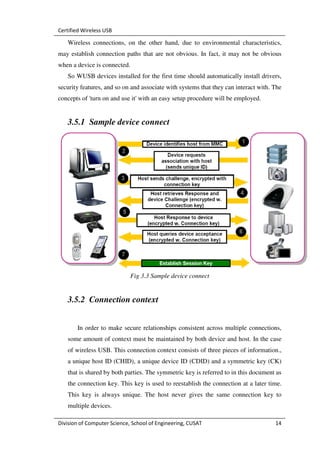 Certified Wireless USB

   Wireless connections, on the other hand, due to environmental characteristics,
may establish connection paths that are not obvious. In fact, it may not be obvious
when a device is connected.
   So WUSB devices installed for the first time should automatically install drivers,
security features, and so on and associate with systems that they can interact with. The
concepts of 'turn on and use it' with an easy setup procedure will be employed.


   3.5.1 Sample device connect




                             Fig 3.3 Sample device connect


   3.5.2 Connection context


       In order to make secure relationships consistent across multiple connections,
   some amount of context must be maintained by both device and host. In the case
   of wireless USB. This connection context consists of three pieces of information.,
   a unique host ID (CHID), a unique device ID (CDID) and a symmetric key (CK)
   that is shared by both parties. The symmetric key is referred to in this document as
   the connection key. This key is used to reestablish the connection at a later time.
   This key is always unique. The host never gives the same connection key to
   multiple devices.

Division of Computer Science, School of Engineering, CUSAT                           14
 