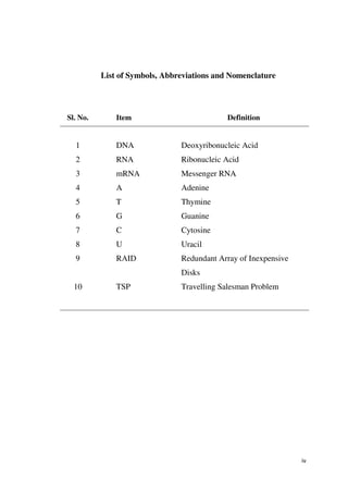 List of Symbols, Abbreviations and Nomenclature




Sl. No.       Item                          Definition


  1           DNA              Deoxyribonucleic Acid
  2           RNA              Ribonucleic Acid
  3           mRNA             Messenger RNA
  4           A                Adenine
  5           T                Thymine
  6           G                Guanine
  7           C                Cytosine
  8           U                Uracil
  9           RAID             Redundant Array of Inexpensive
                               Disks
  10          TSP              Travelling Salesman Problem




                                                                iv
 